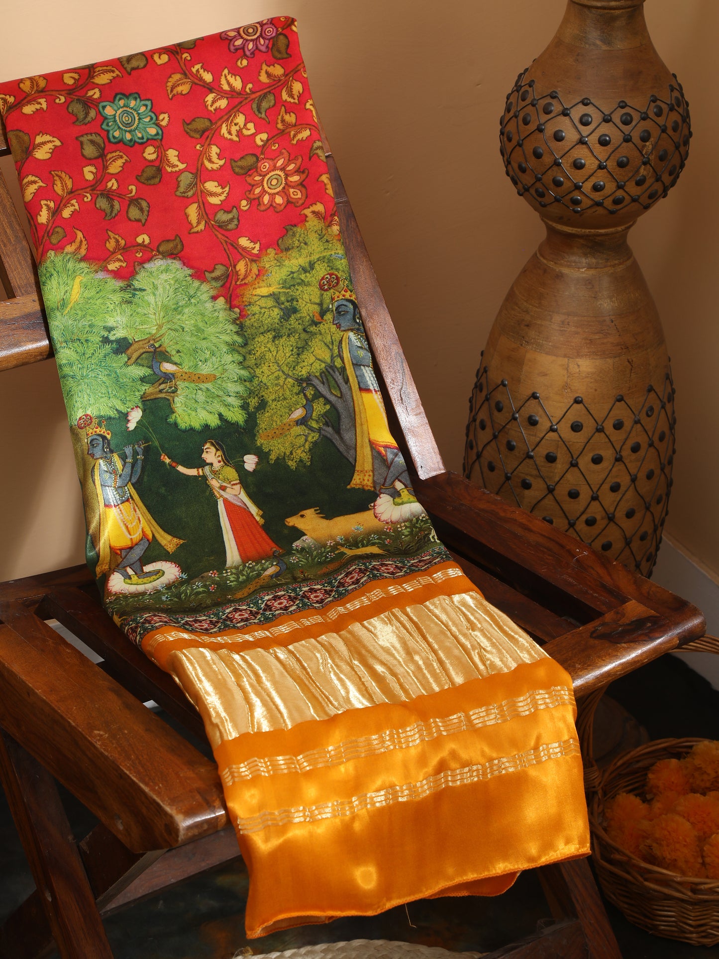 yellow & red pichwai with kalamkari dupatta