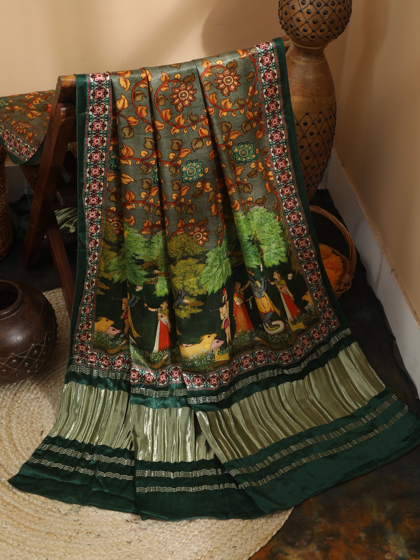 green pichwai with kalamkari dupatta