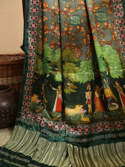 Green Pichwai With Kalamkari Dupatta
