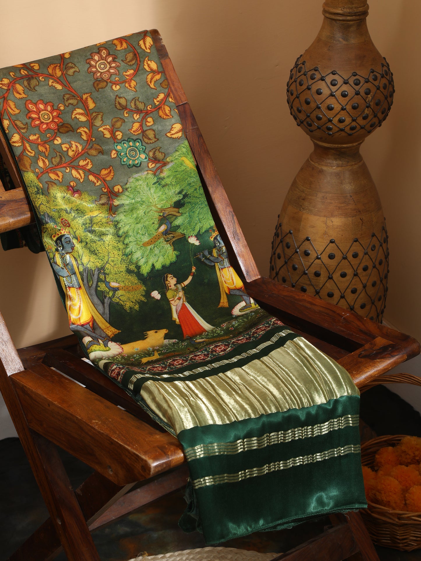 green pichwai with kalamkari dupatta