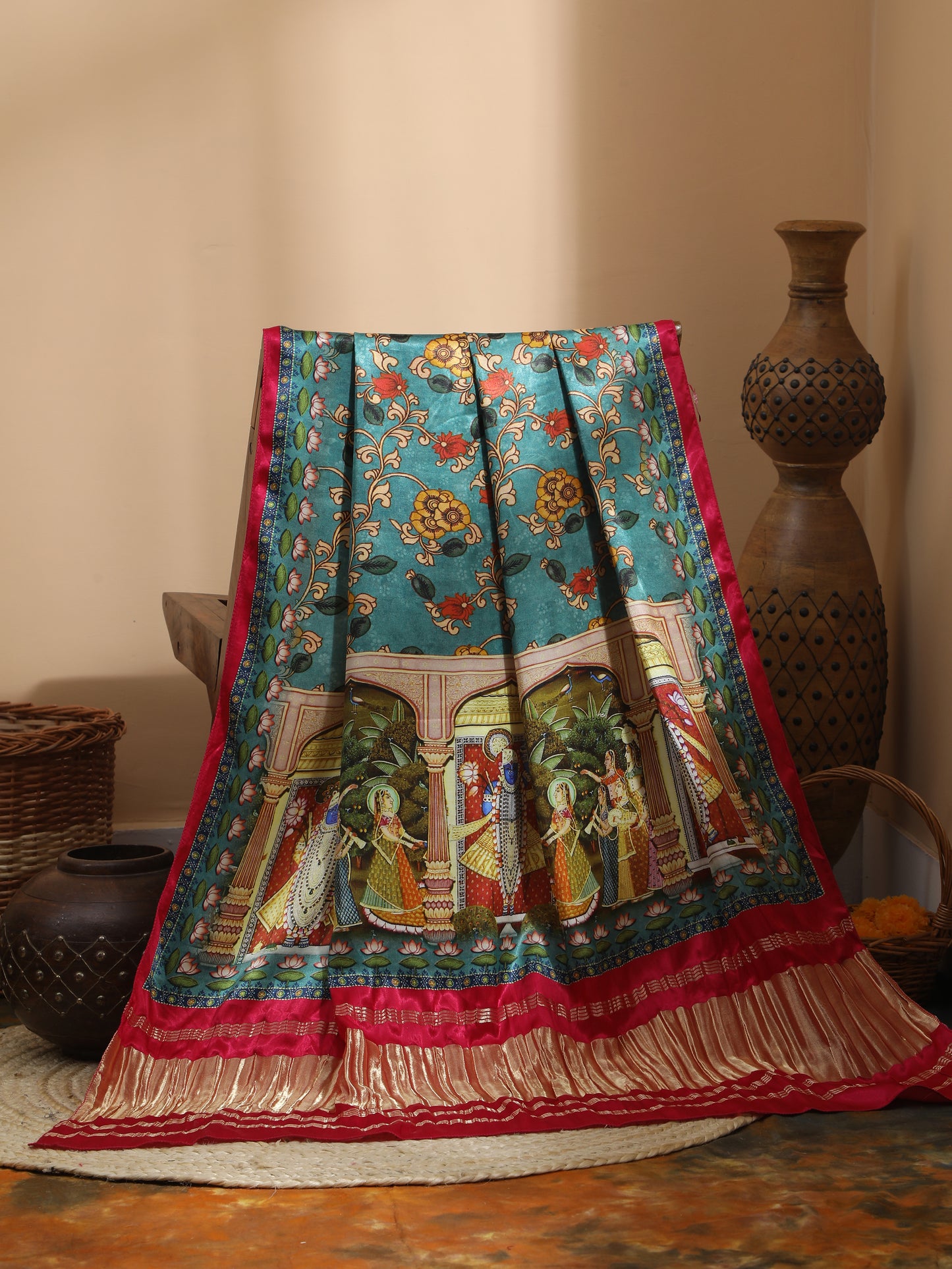 rani & light blue pichwai with kalamkari dupatta