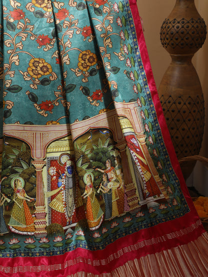 Rani & light blue Pichwai With Kalamkari Dupatta