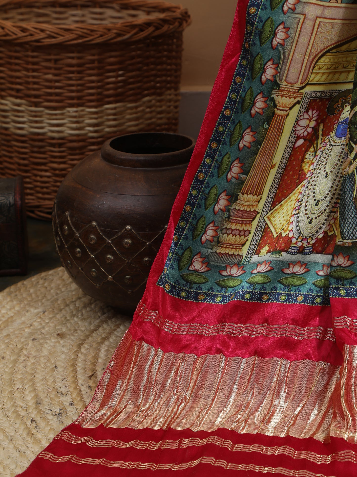 rani & light blue pichwai with kalamkari dupatta