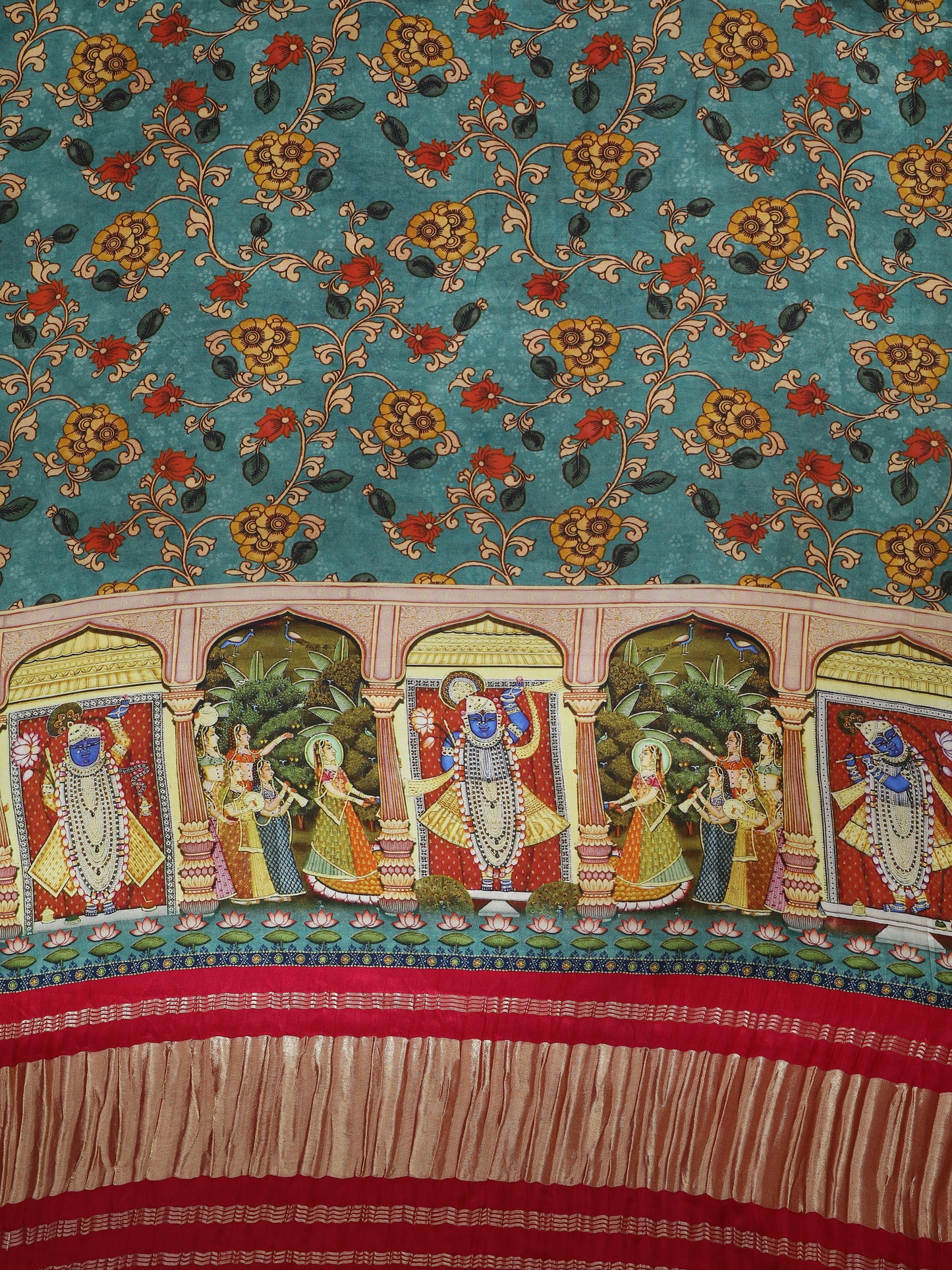 rani & light blue pichwai with kalamkari dupatta