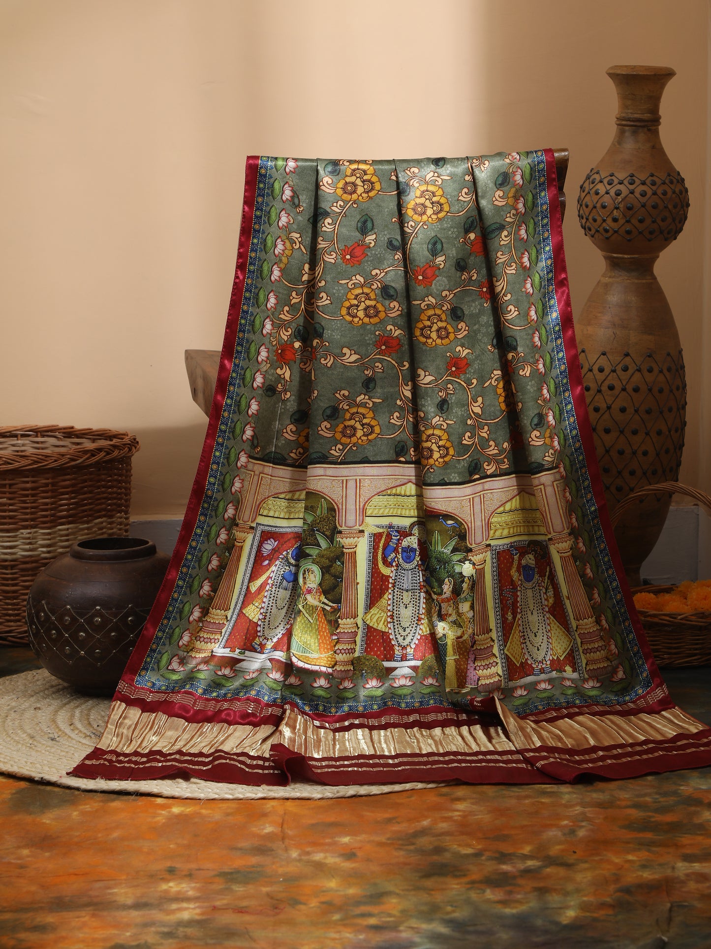 maroon & grey pichwai with kalamkari dupatta
