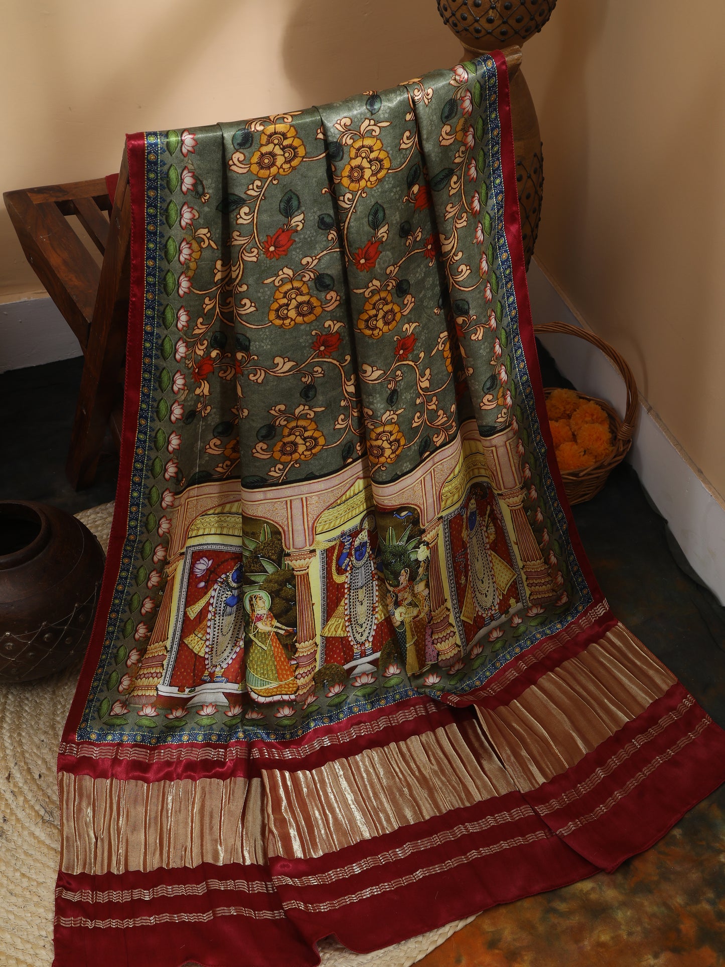 maroon & grey pichwai with kalamkari dupatta