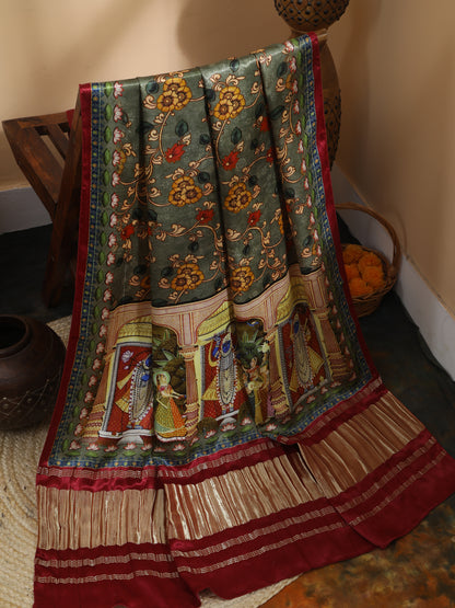 Maroon & Grey Pichwai With Kalamkari Dupatta