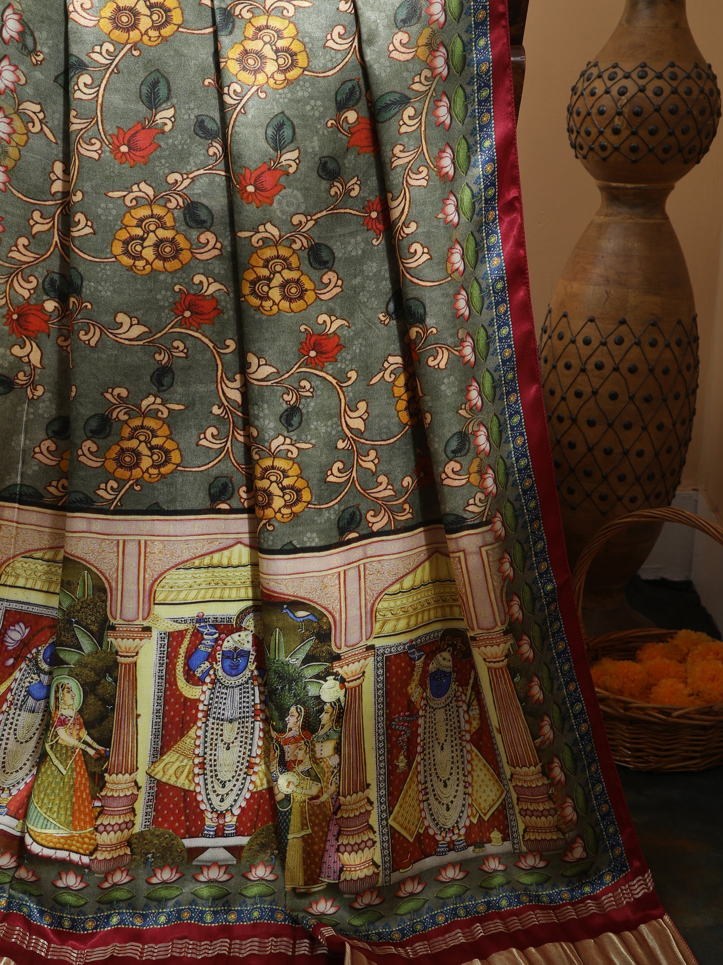 maroon & grey pichwai with kalamkari dupatta