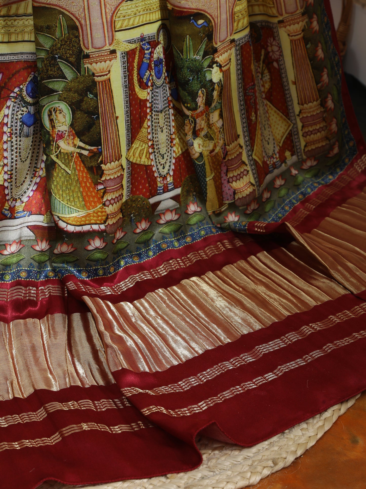 maroon & grey pichwai with kalamkari dupatta