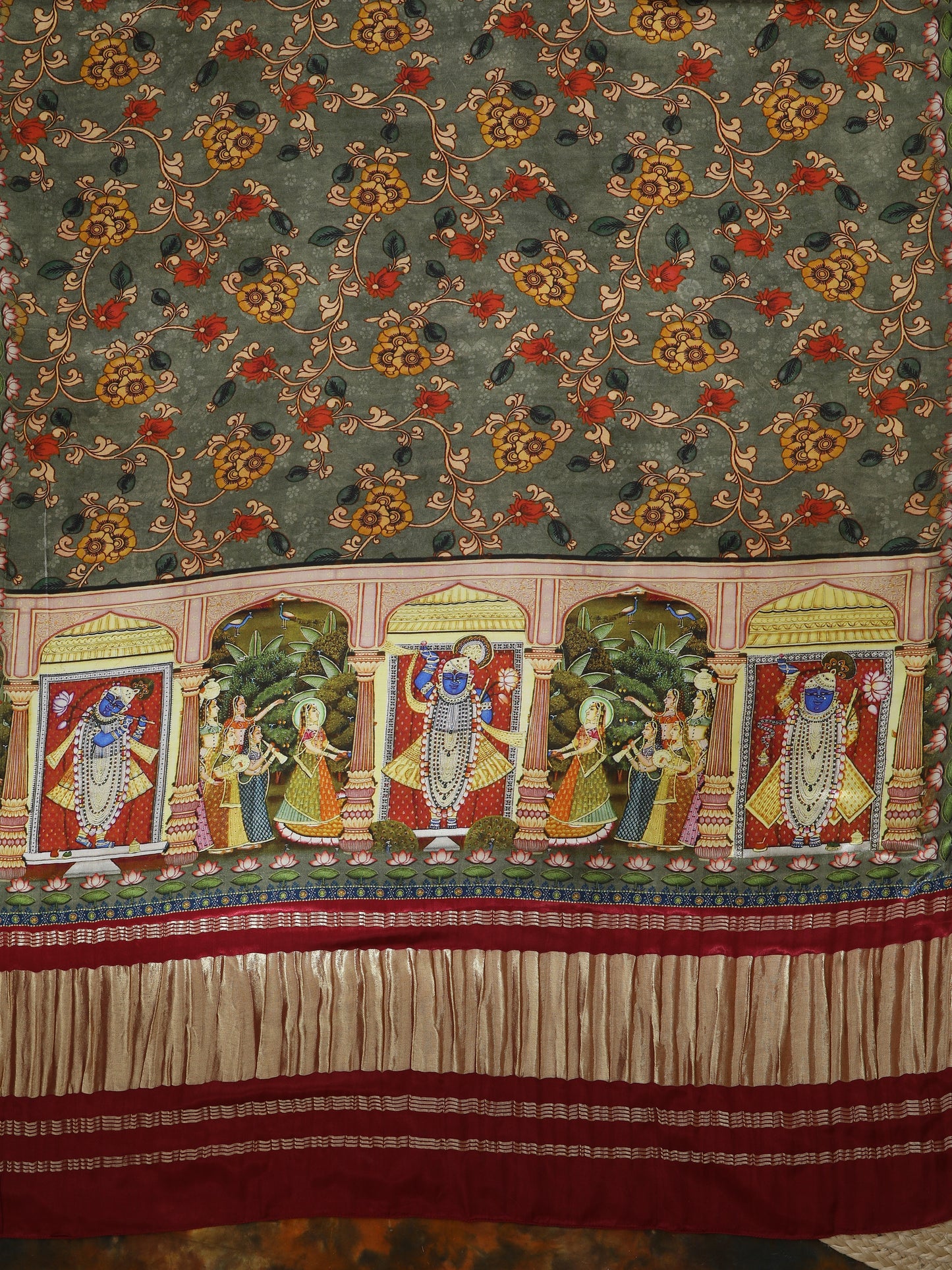 maroon & grey pichwai with kalamkari dupatta