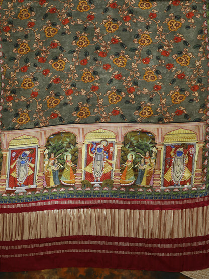 Maroon & Grey Pichwai With Kalamkari Dupatta