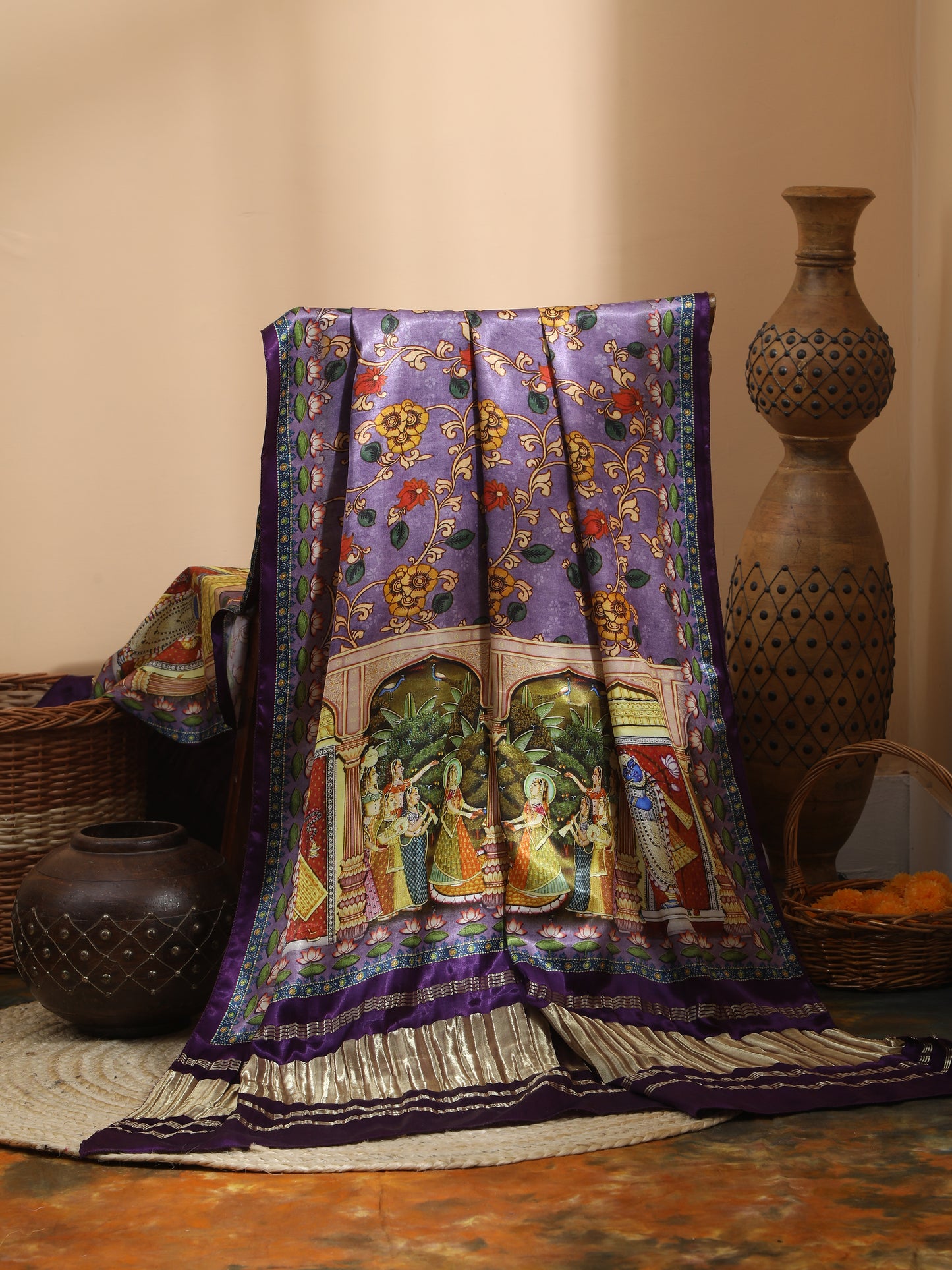 purple pichwai with kalamkari dupatta