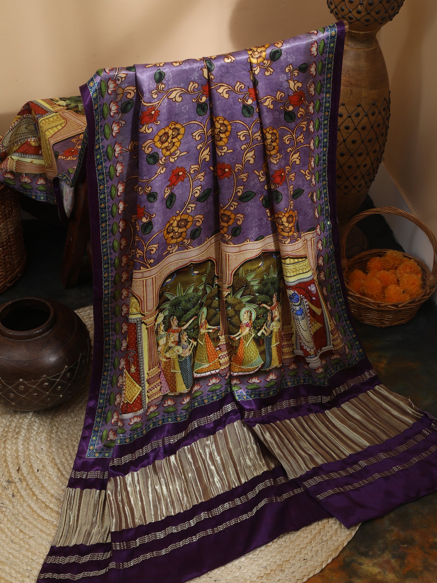 purple pichwai with kalamkari dupatta