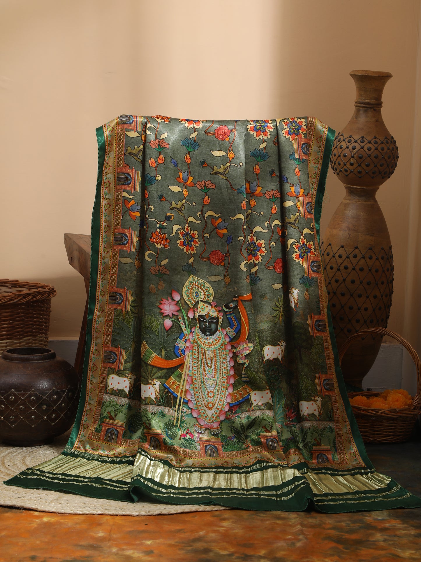 green pichwai with kalamkari dupatta