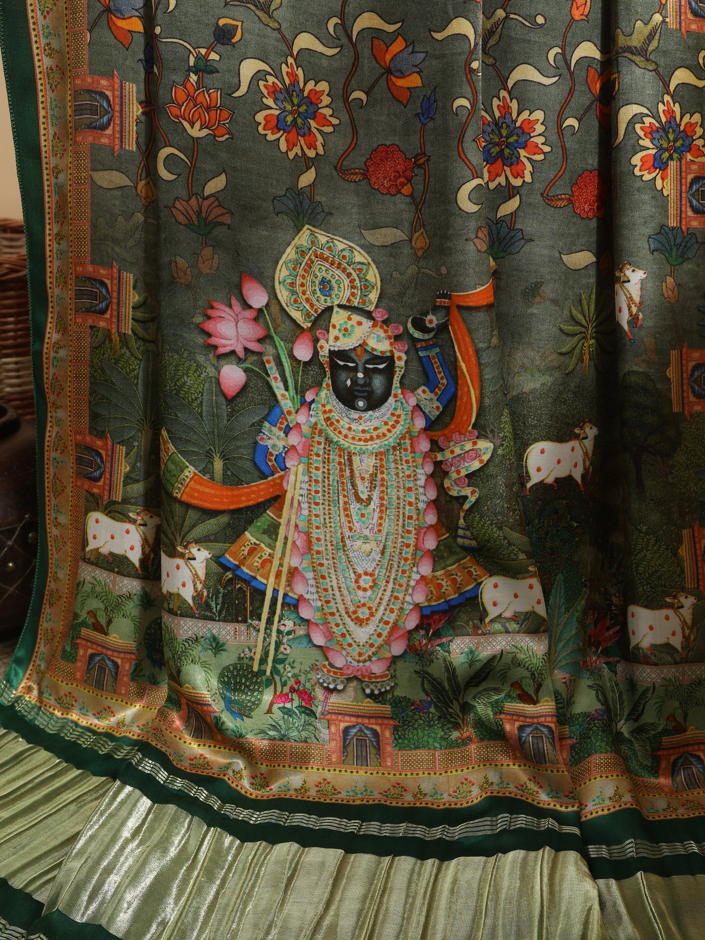 green pichwai with kalamkari dupatta