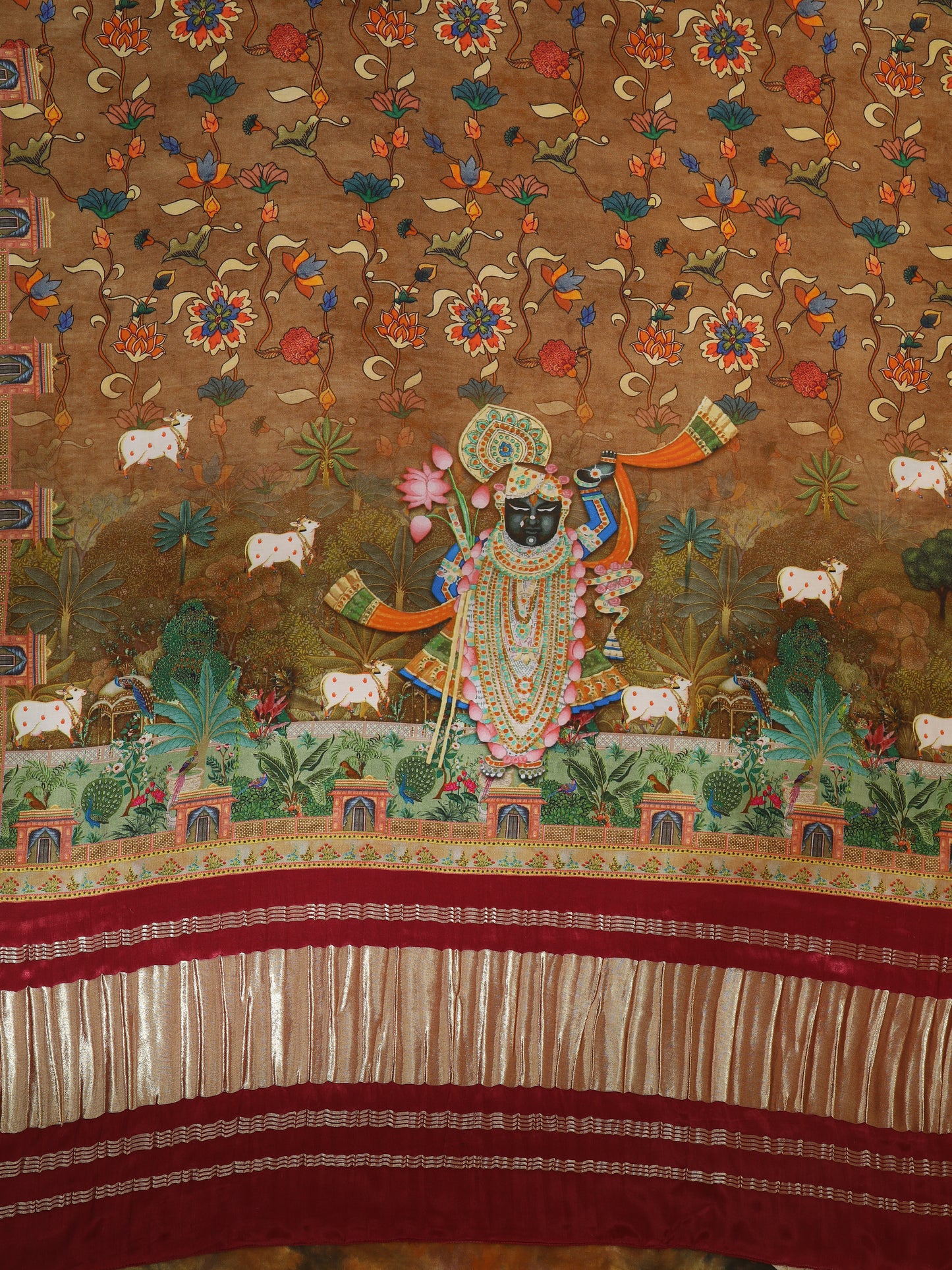 maroon pichwai with kalamkari dupatta