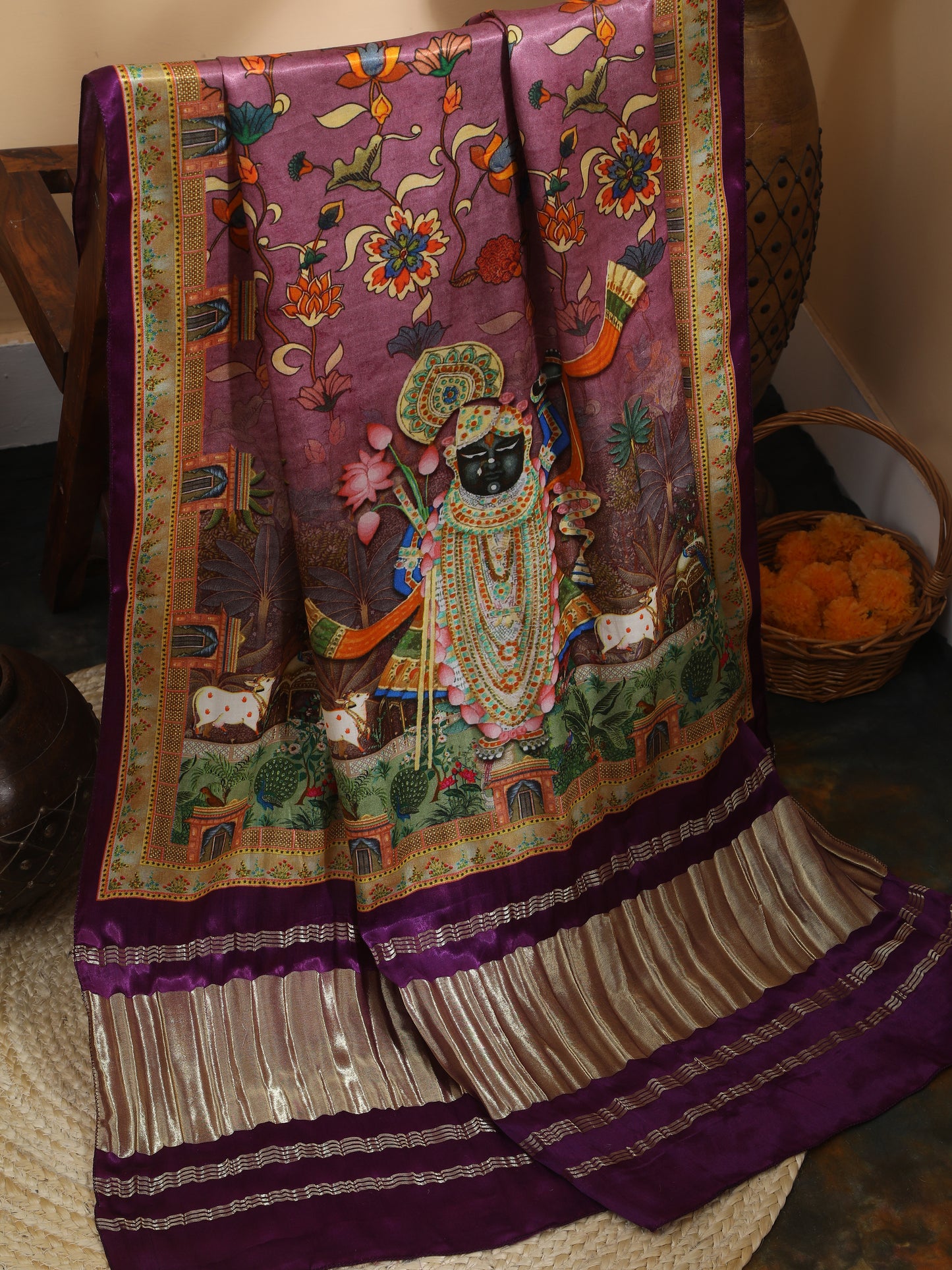 purple pichwai with kalamkari dupatta