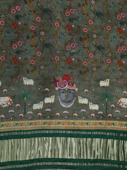 Green Pichwai With Kalamkari Dupatta