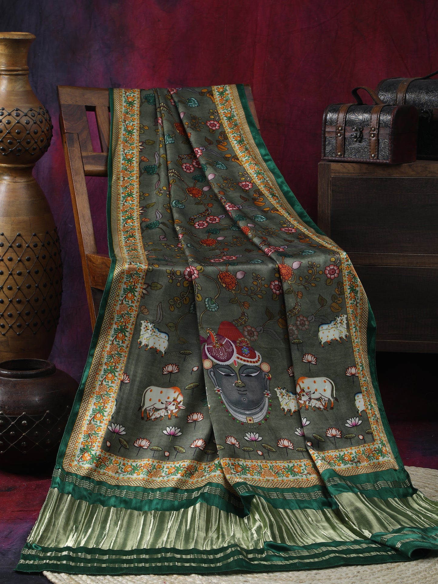 green pichwai with kalamkari dupatta