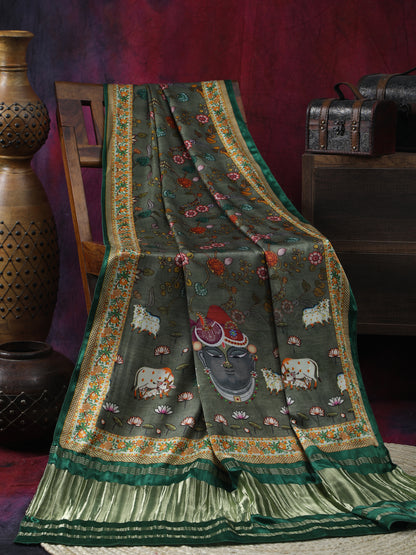Green Pichwai With Kalamkari Dupatta