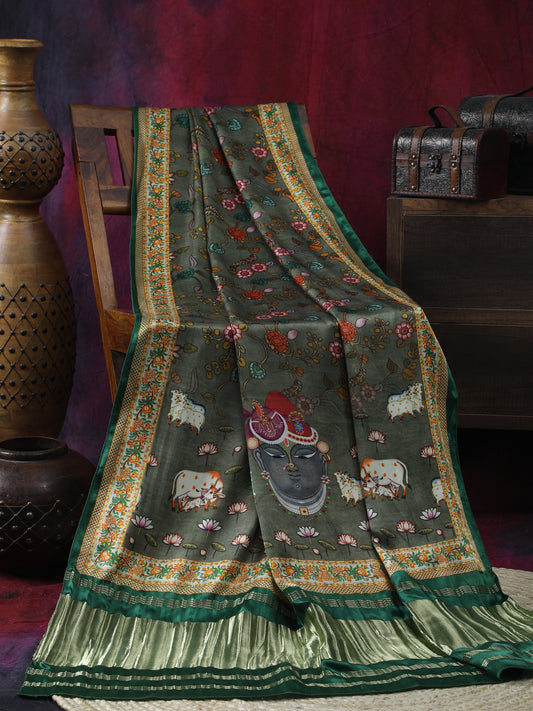 Green Pichwai With Kalamkari Dupatta