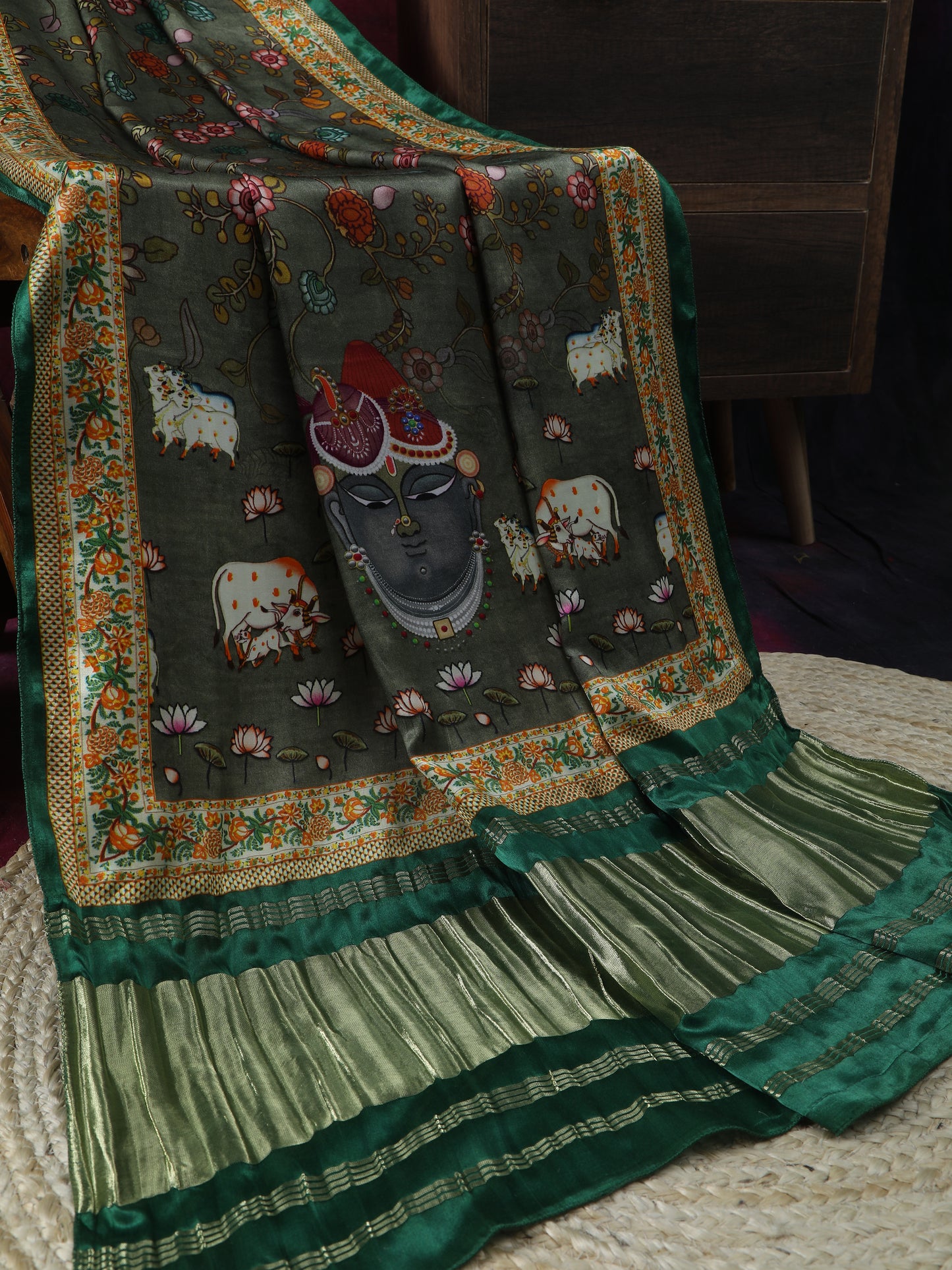 green pichwai with kalamkari dupatta