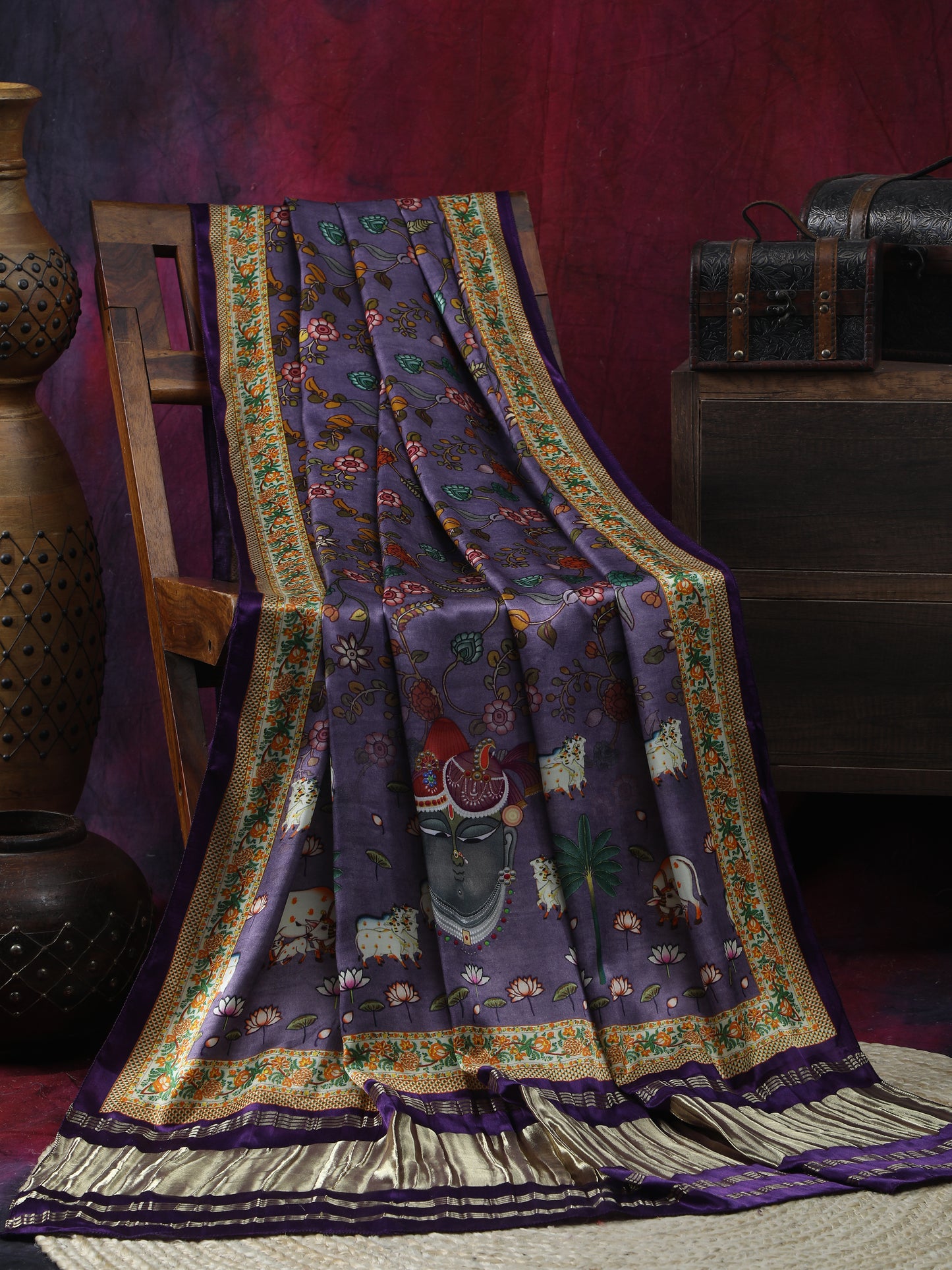 purple pichwai with kalamkari dupatta