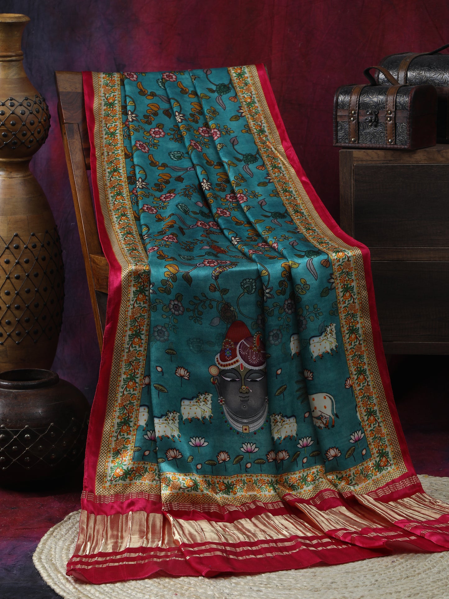 rani & blue pichwai with kalamkari dupatta