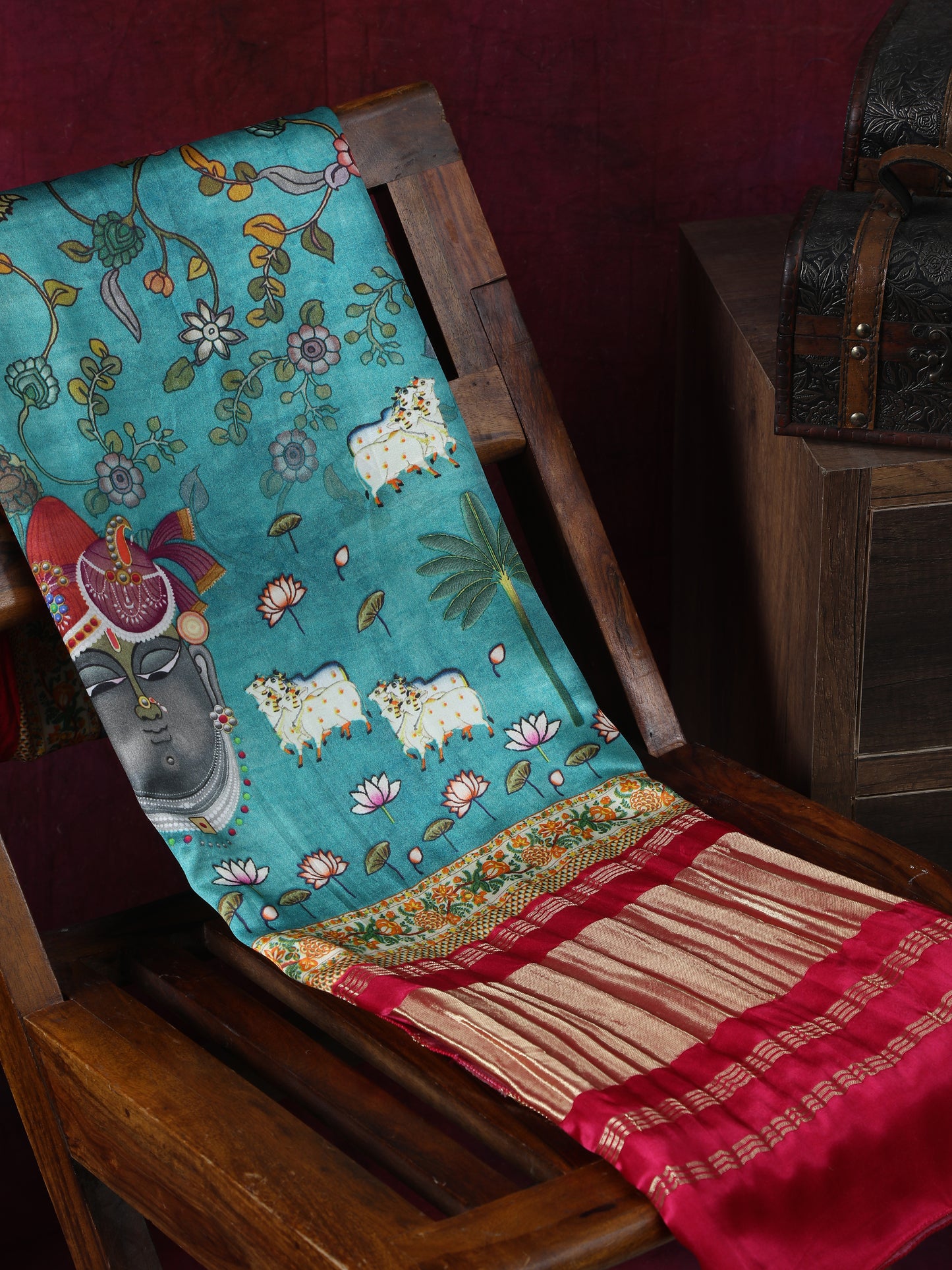 rani & blue pichwai with kalamkari dupatta