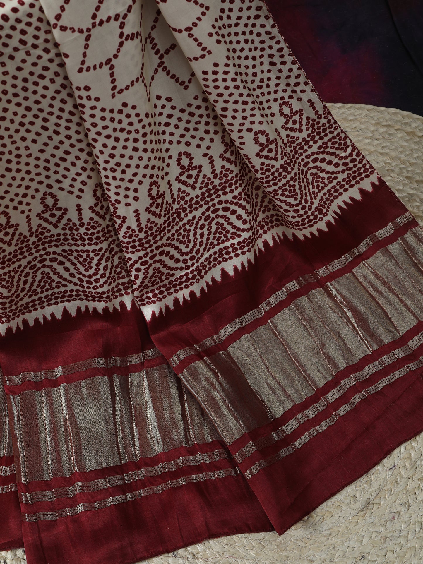 cream maroon suryamukhi bandhani print dupatta