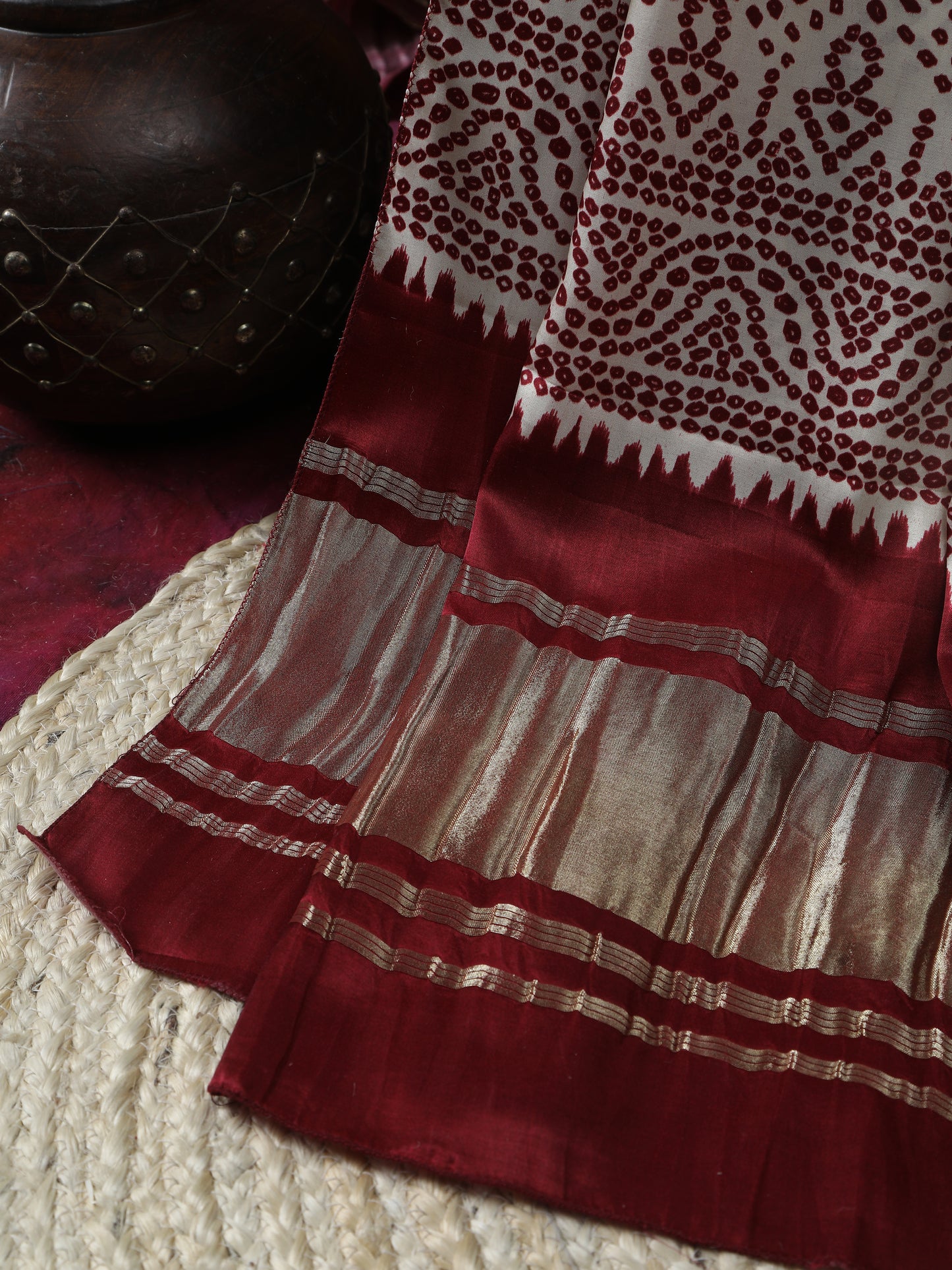 cream maroon suryamukhi bandhani print dupatta