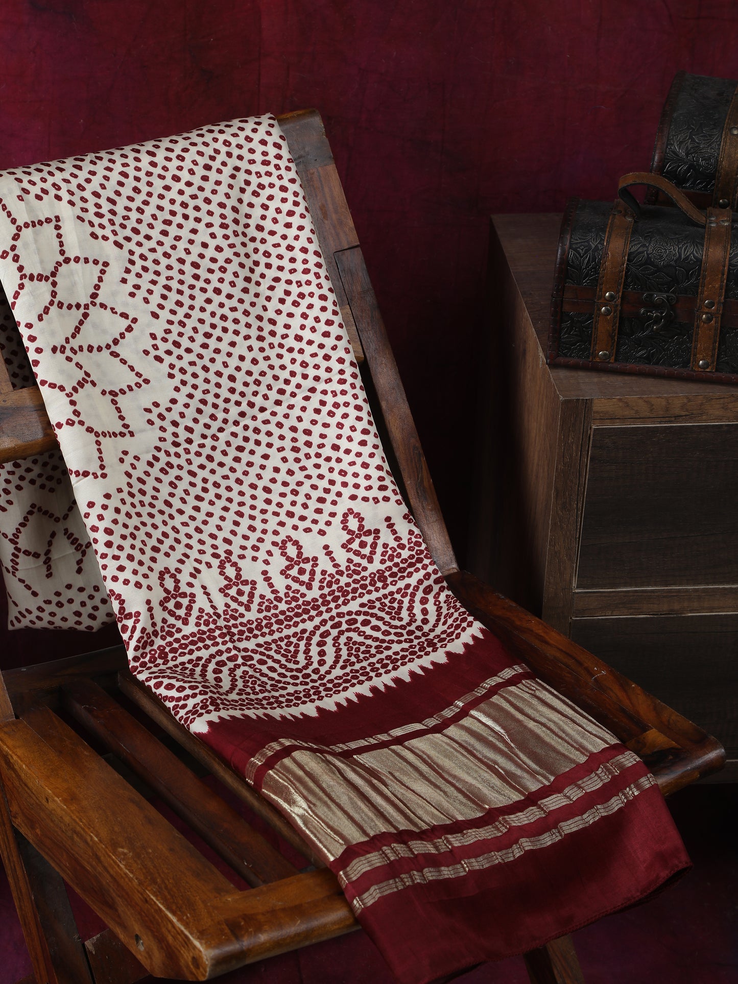 cream maroon suryamukhi bandhani print dupatta