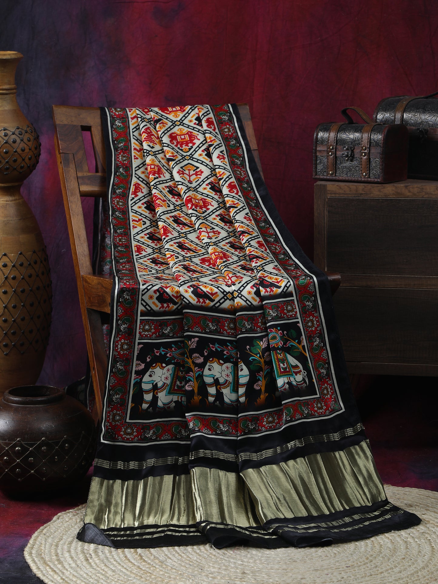 black & offwhite patola ikkat print dupatta in modal silk