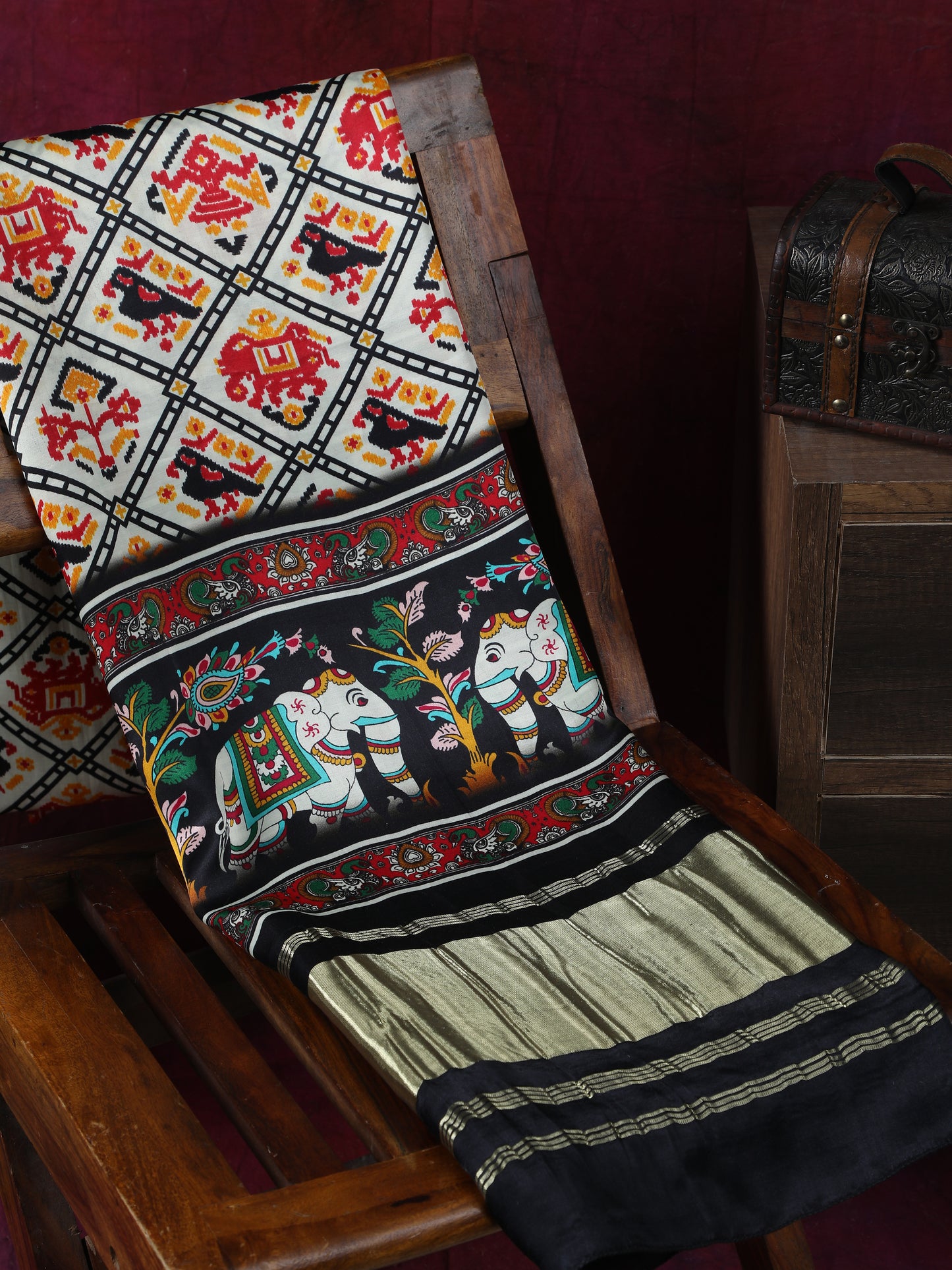 black & offwhite patola ikkat print dupatta in modal silk