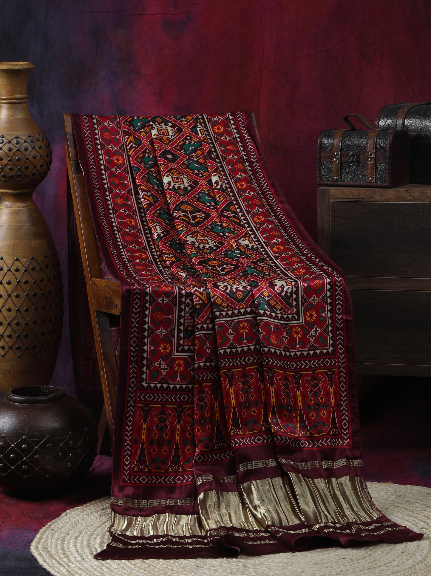 coffe maroon patola ikkat print dupatta in modal silk