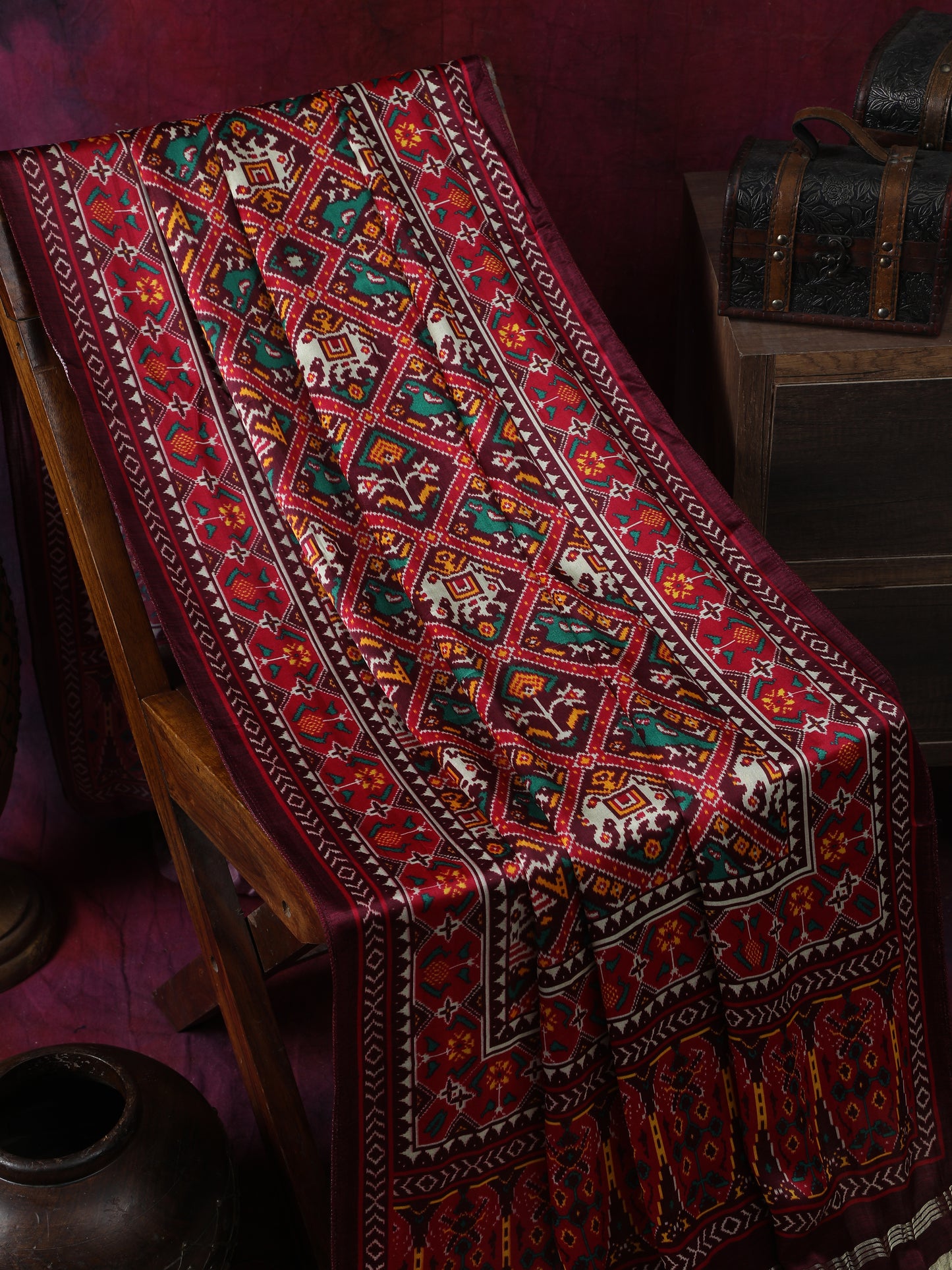 coffe maroon patola ikkat print dupatta in modal silk