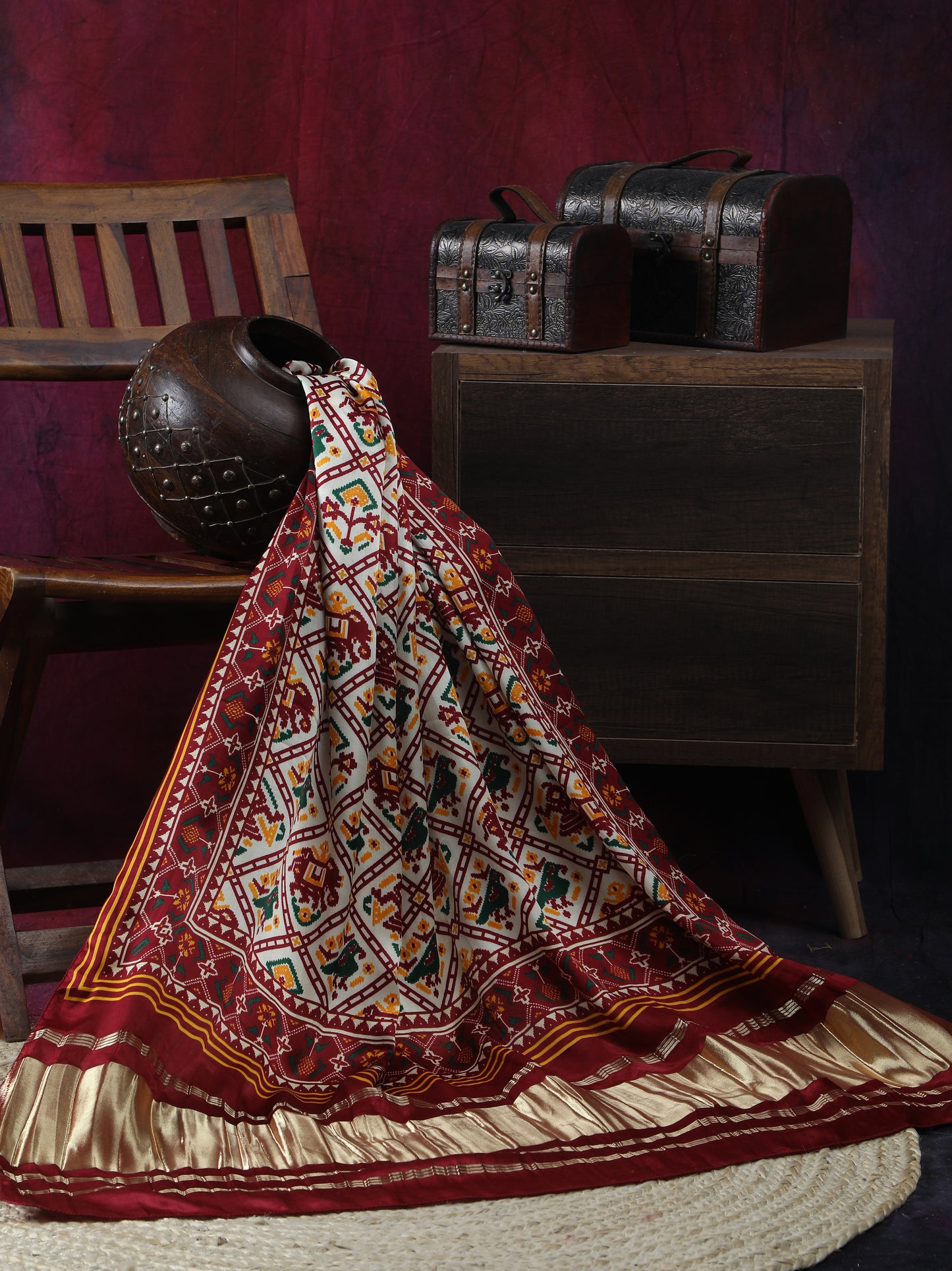maroon & cream patola ikkat print dupatta