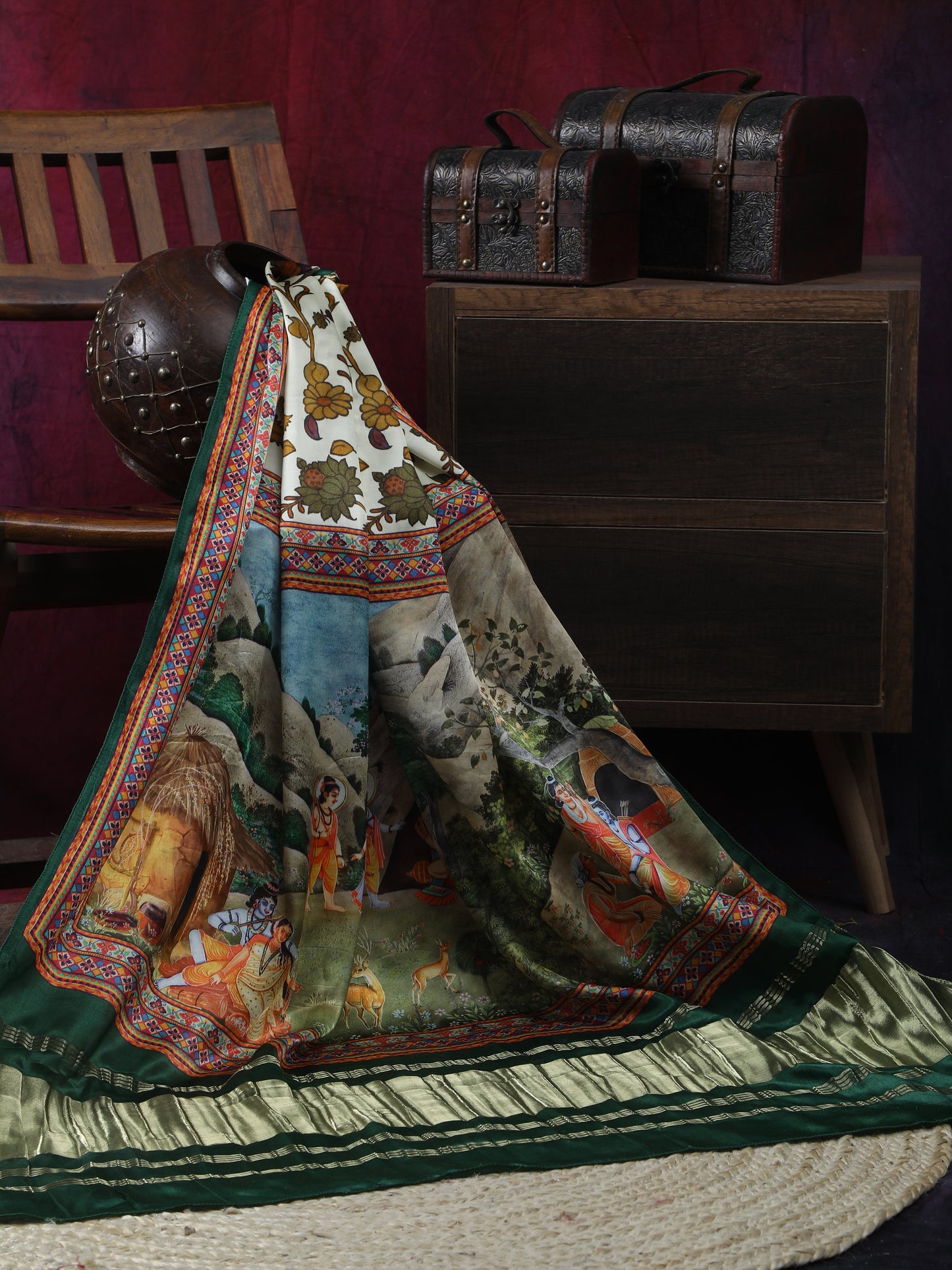 pichwai with kalamkari ramayan theme dupatta