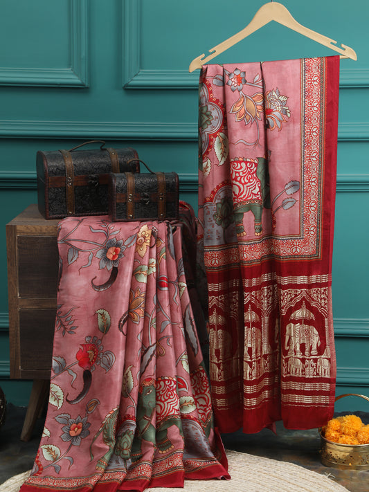 PINK KALAMKARI PRINT SAREE WITH HATHI BANARASI PALLU SAREE