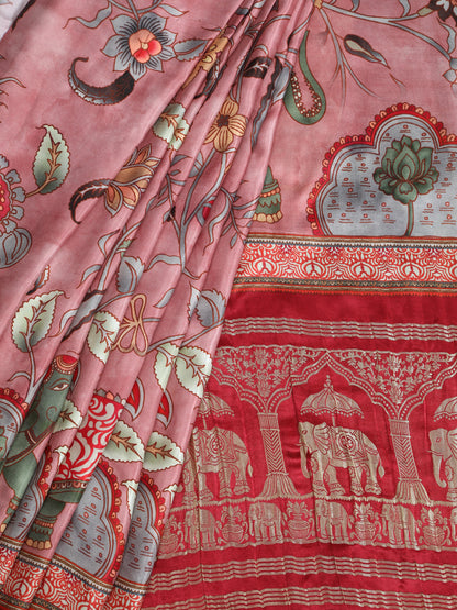 PINK KALAMKARI PRINT SAREE WITH HATHI BANARASI PALLU SAREE