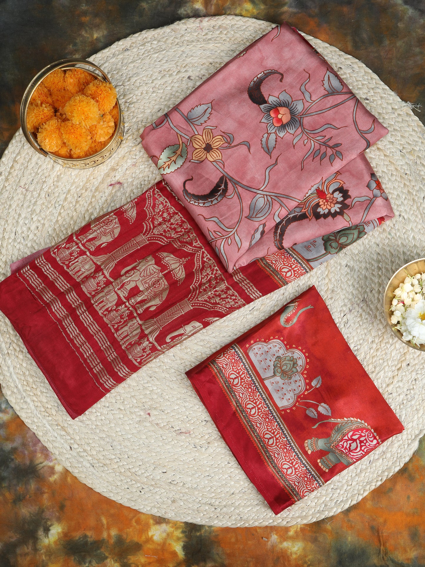 pink kalamkari print saree with hathi banarasi pallu saree