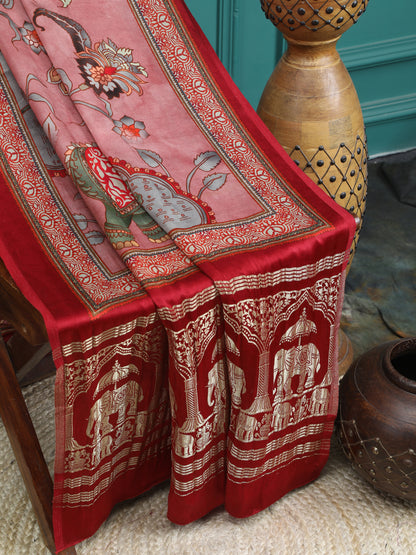 PINK KALAMKARI PRINT SAREE WITH HATHI BANARASI PALLU SAREE