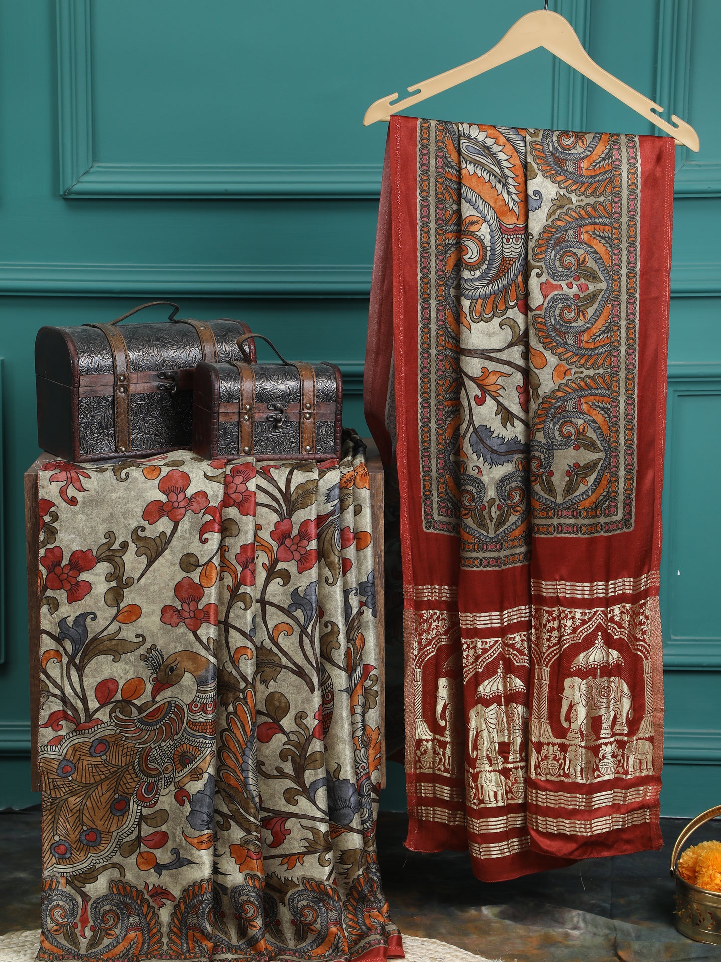 rust&grey  kalamkari print saree with hathi banarasi pallu saree