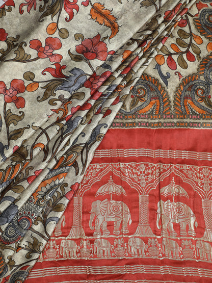RUST&GREY  KALAMKARI PRINT SAREE WITH HATHI BANARASI PALLU SAREE