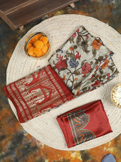 RUST&GREY  KALAMKARI PRINT SAREE WITH HATHI BANARASI PALLU SAREE