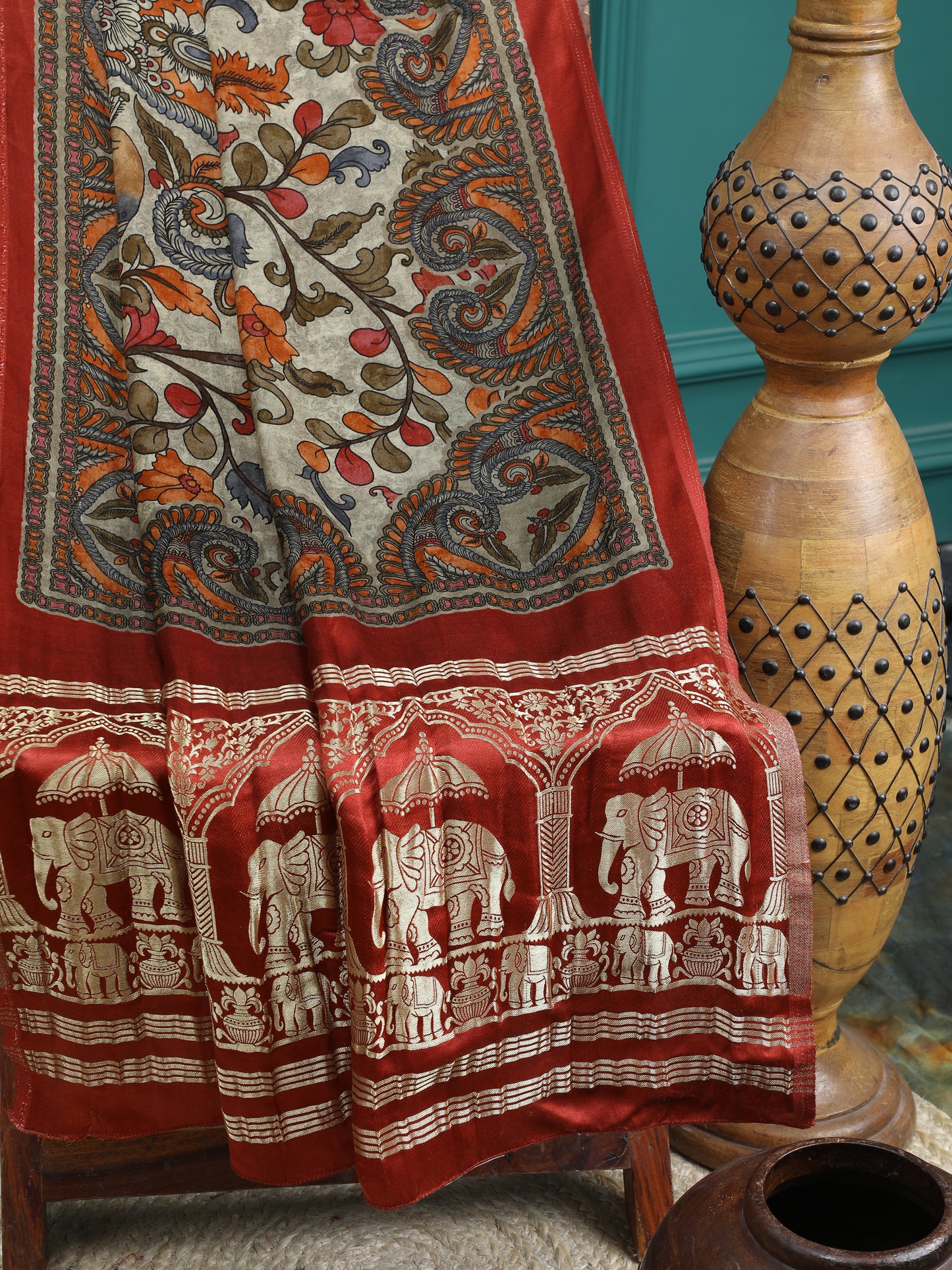 rust&grey  kalamkari print saree with hathi banarasi pallu saree