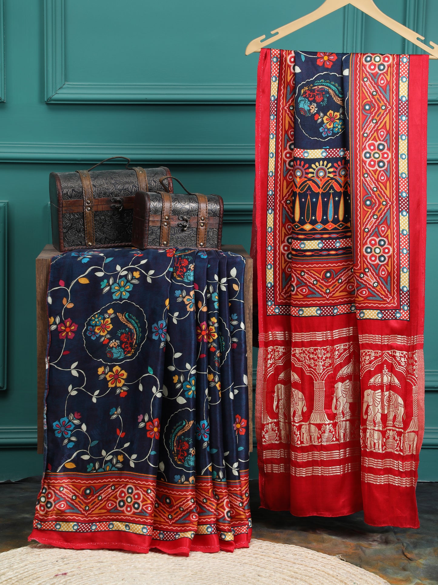 red&blue kalamkari print saree with hathi banarasi pallu saree