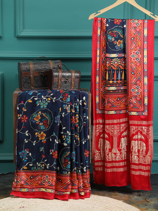 RED&BLUE KALAMKARI PRINT SAREE WITH HATHI BANARASI PALLU SAREE