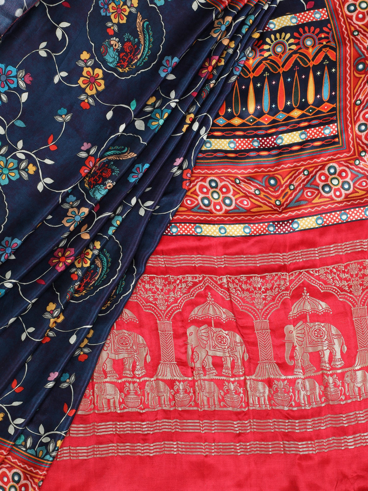 red&blue kalamkari print saree with hathi banarasi pallu saree