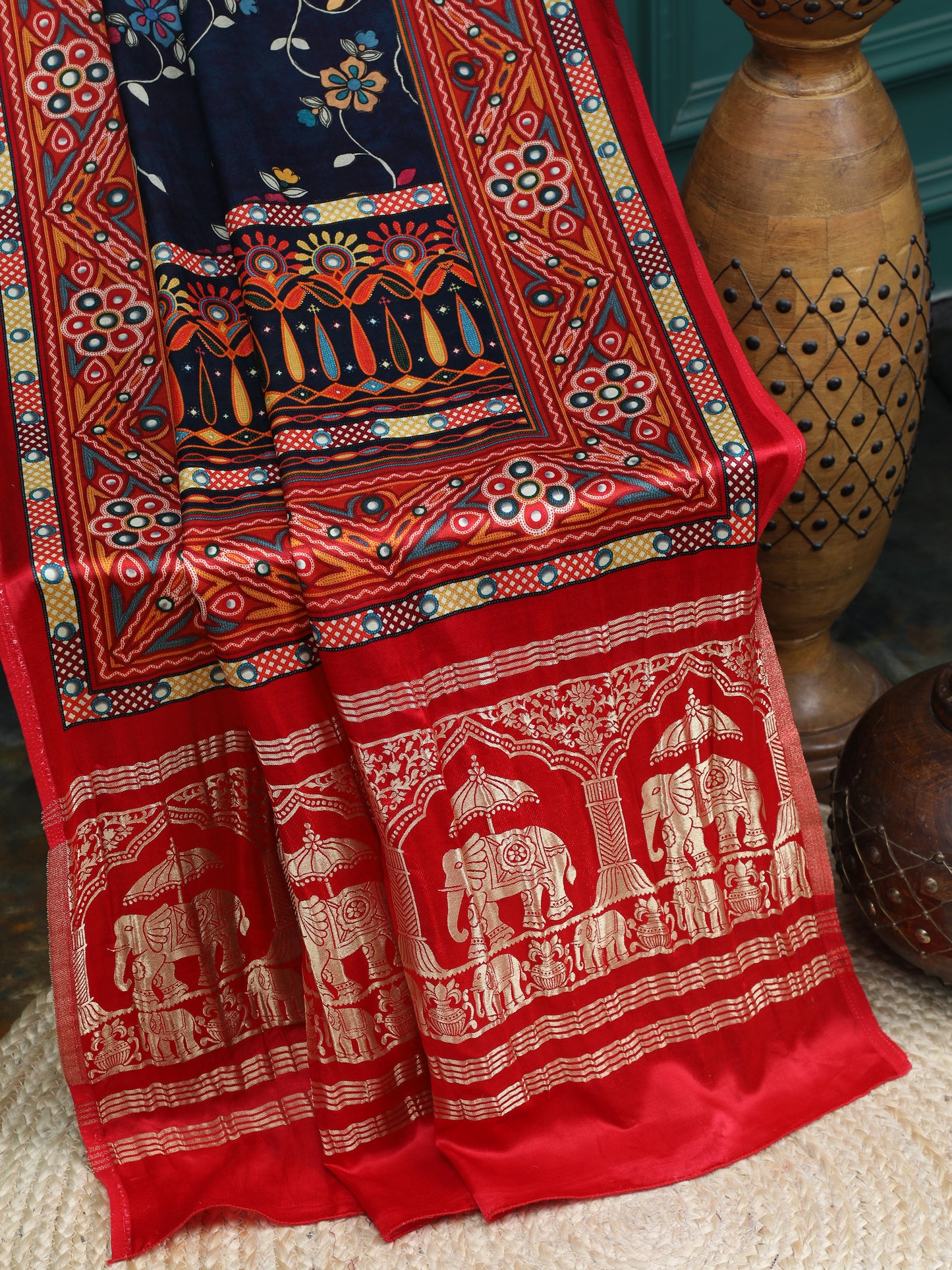 red&blue kalamkari print saree with hathi banarasi pallu saree